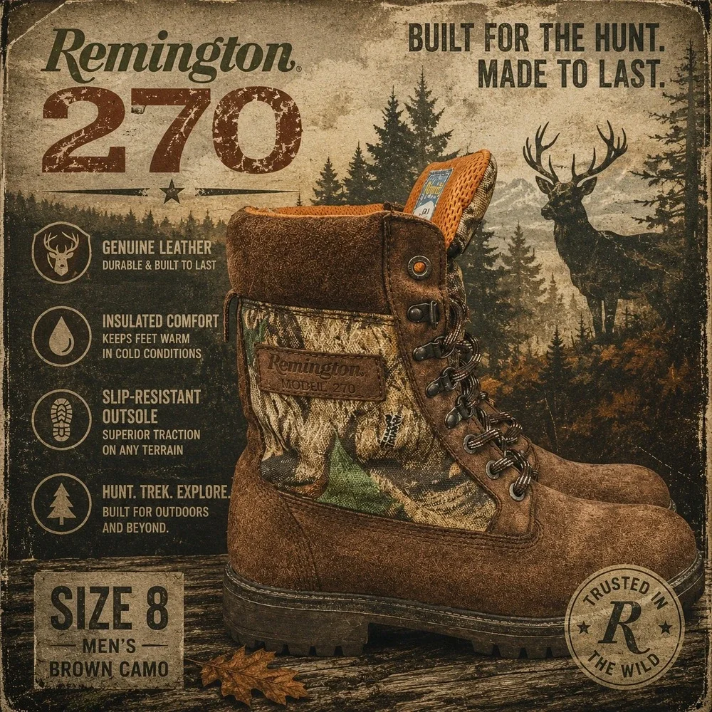 Remington 270 Men's Brown Camo Genuine Leather Insulated Hunting Boots Size 8